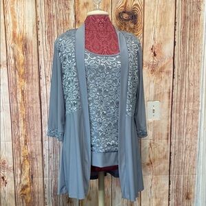 R & M Richards Gray Lace Blouse Size 12 Embellished Sequins  Jacket & Blouse